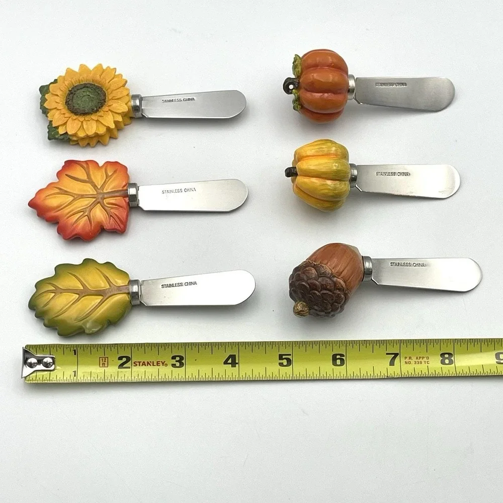 Vintage 2000s Autumn‎ Harvest Cheese Spreaders Sunflower Pumpkin Leaf Acorn Set